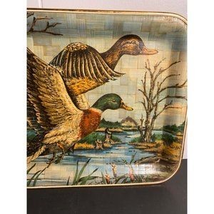 Vintage Mid Century Decorative Laquered Bamboo Tray with Duck Print